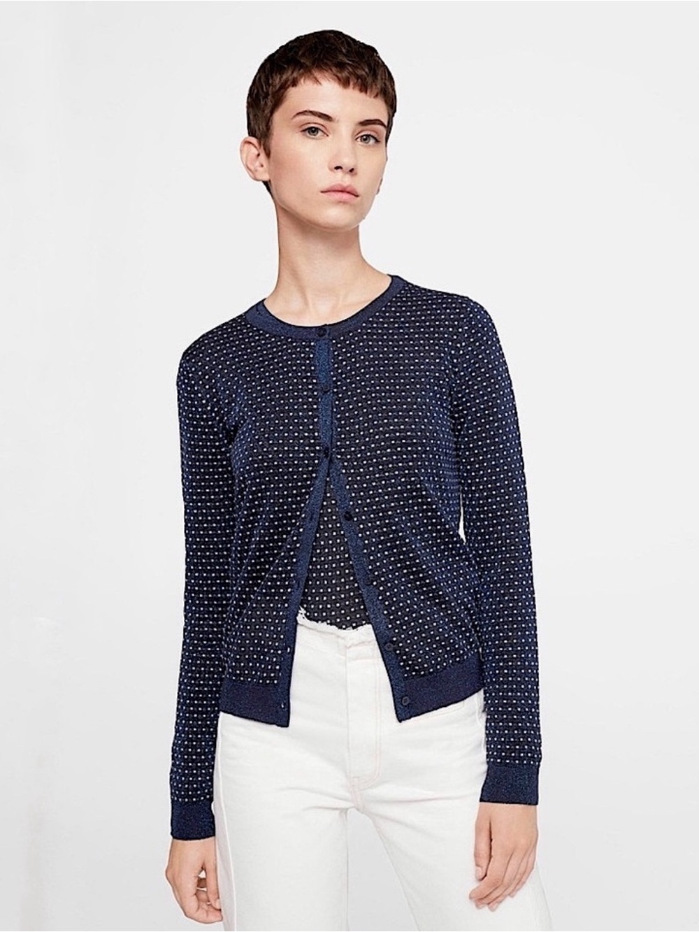 Mango Navy Silver Flecks White Polka Dots Button Down Cardigan Size Medium